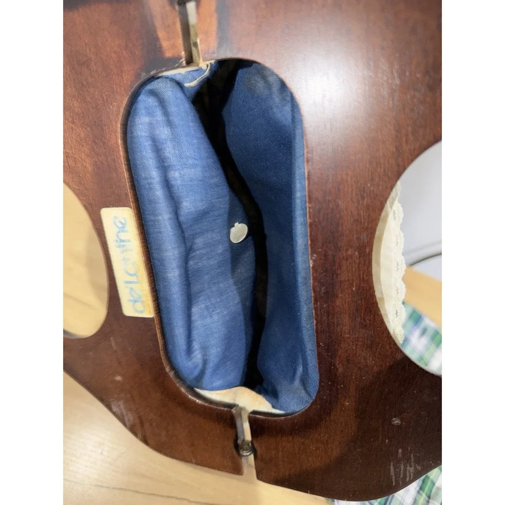 Vintage De' Lanthe Bermuda Bag Lace Blue Tartan Plaid Wood Handles Wool Retro P